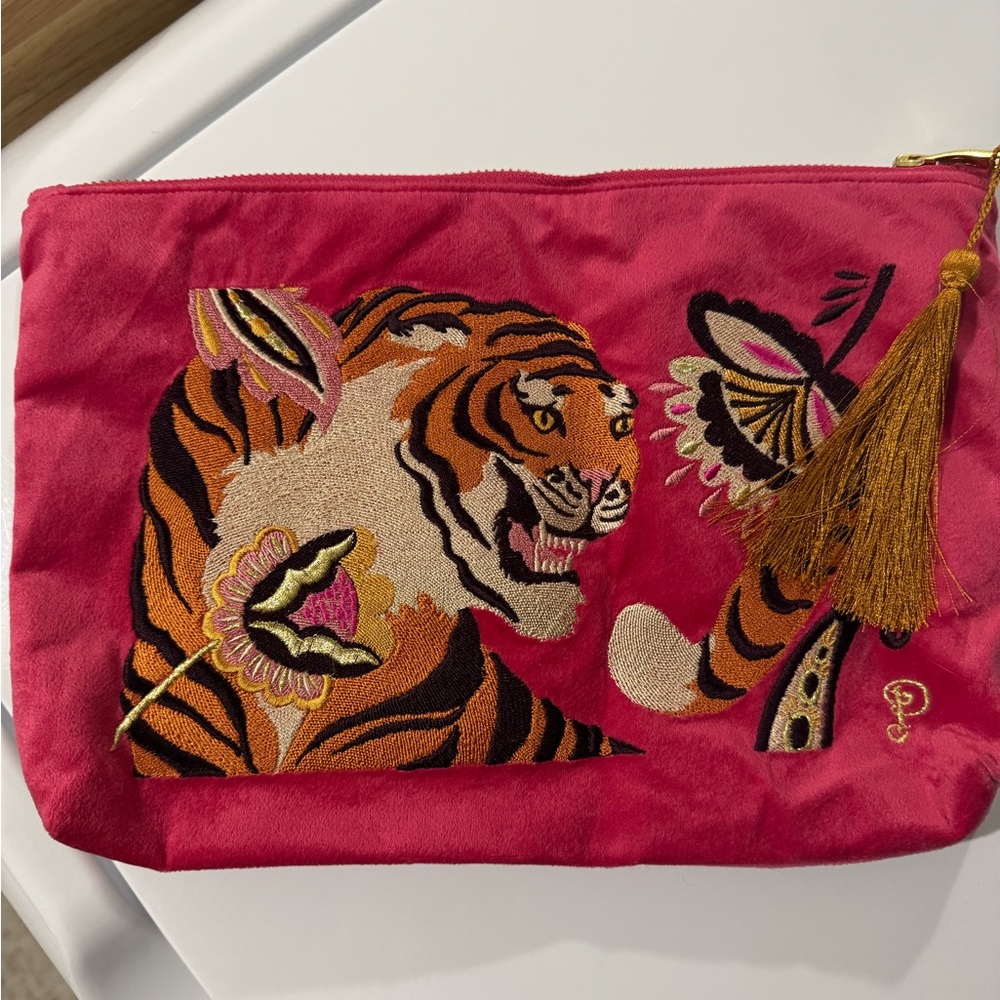 Vibrant Pink Tiger Embroidered Cosmetic Bag